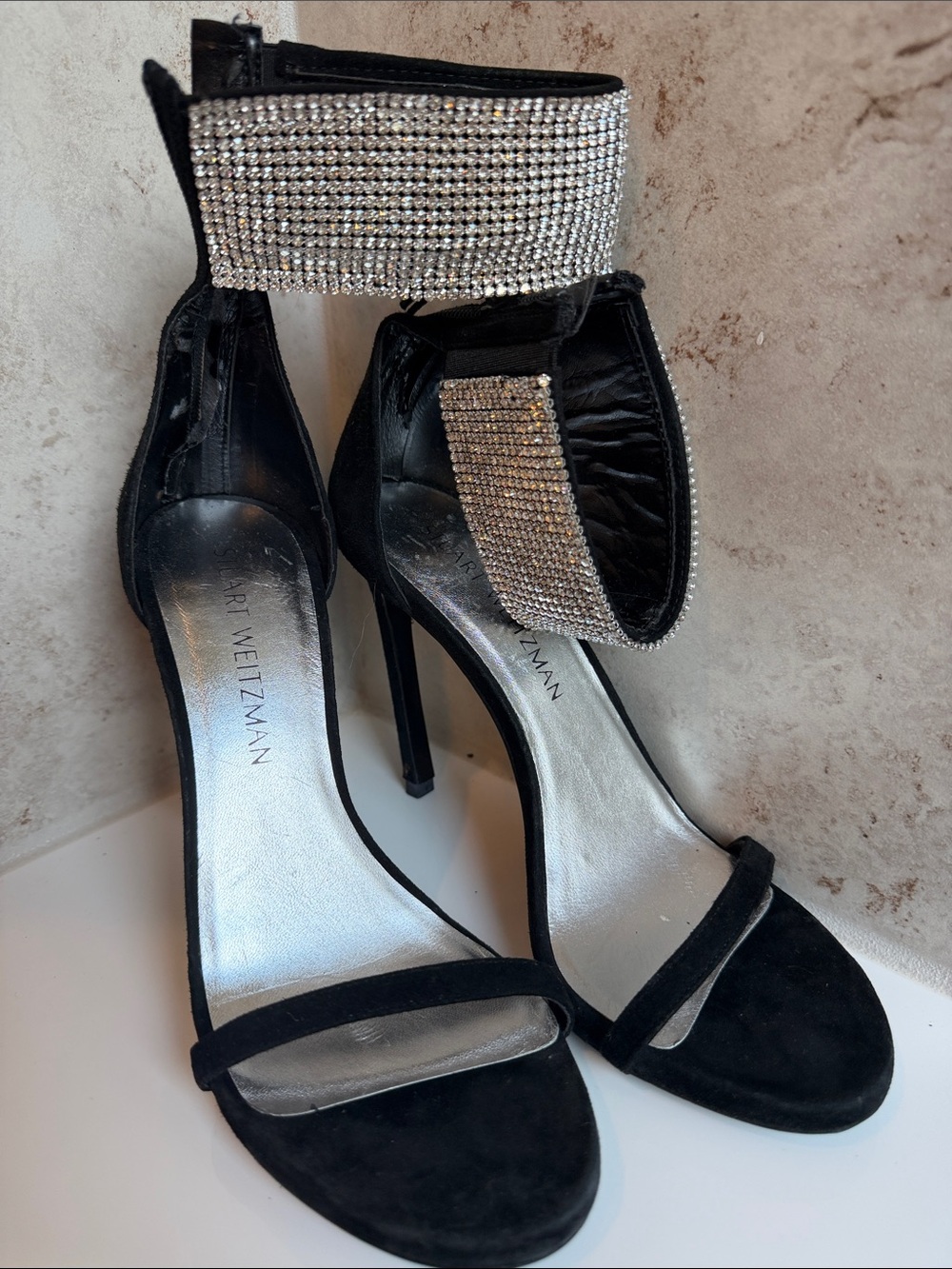 Stuart Weitzman Black Suede Rhinestone Ankle-Strap Heels